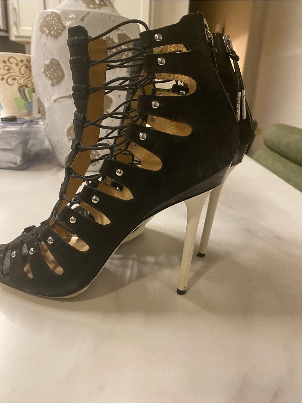 Black Strappy Cage High-Heel Sandals with Stud Detail - Picture 2 of 6